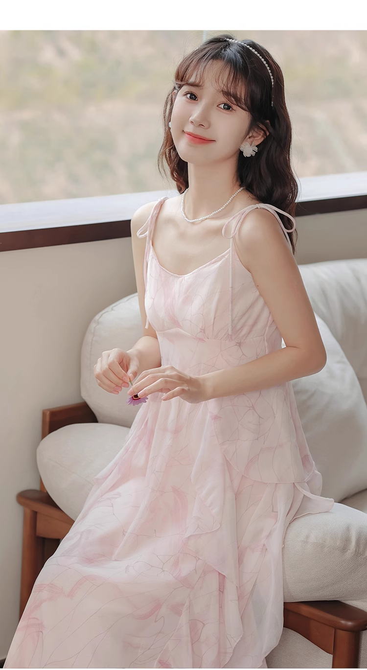Pink ruffled chiffon suspender dress summer