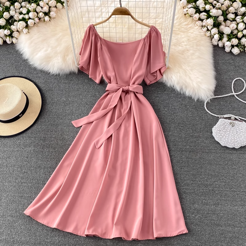 chic retro solid color ruffled mid-length square neck dress