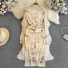 Elegant long-sleeved V-neck twist mid-length printed dress for autumn