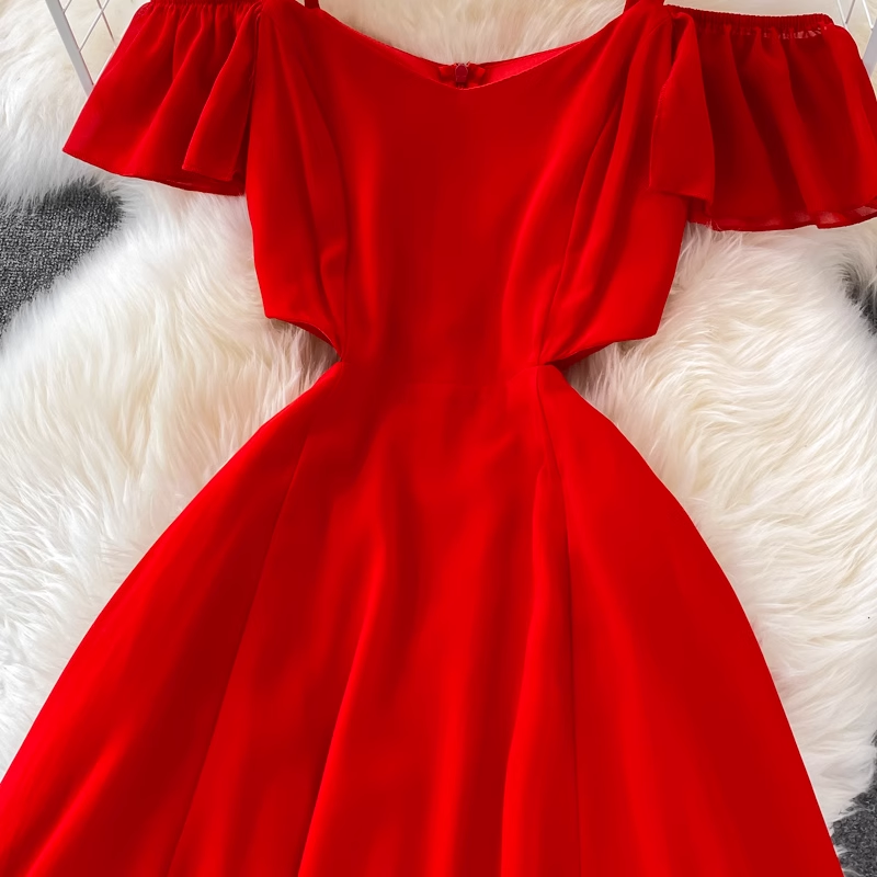 Red Off Shoulder Chiffon dress