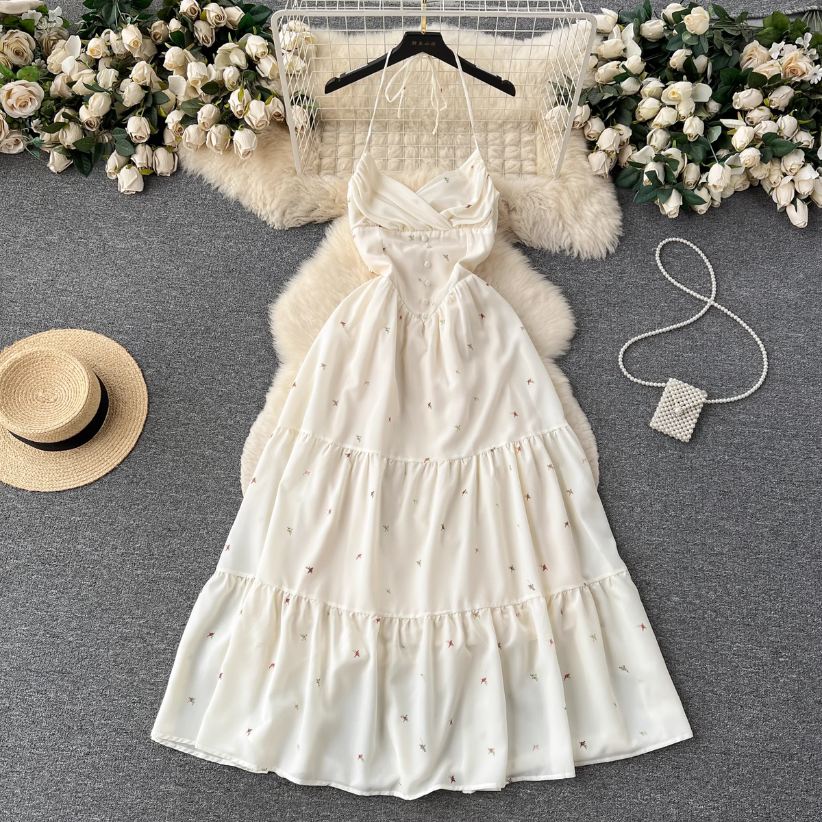 Retro style halter neck strap floral summer dress
