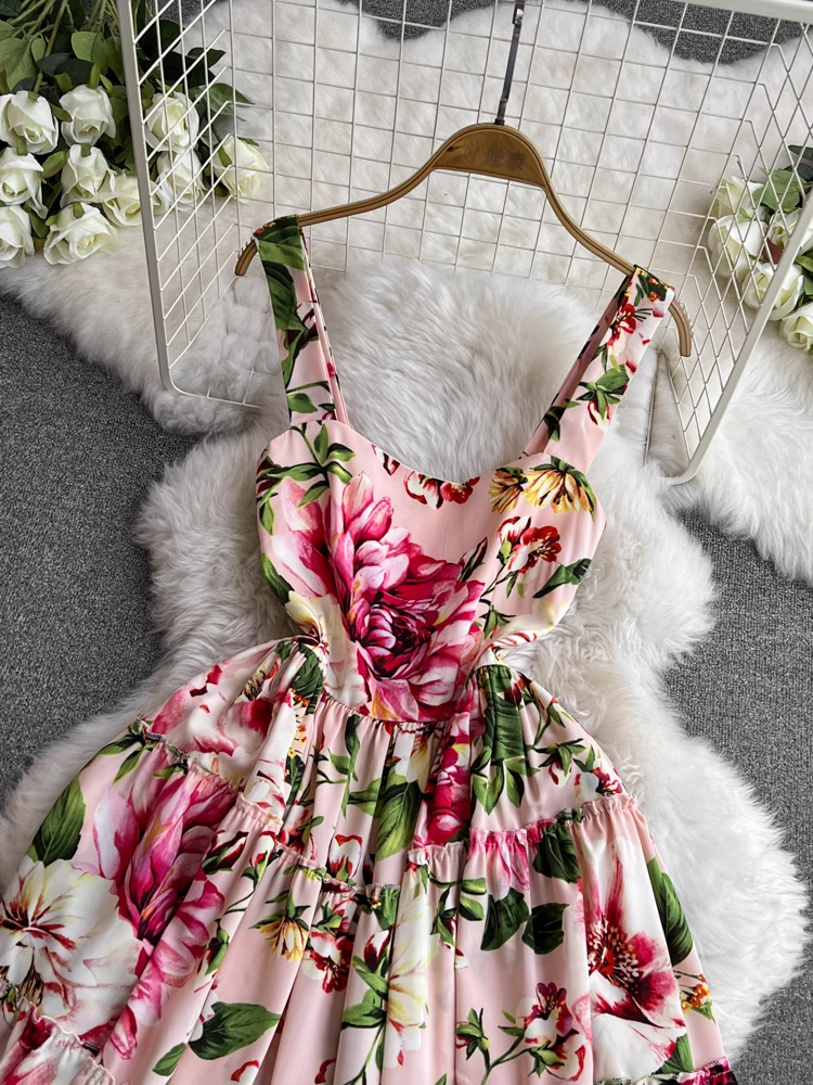 Retro summer sleeveless backless printed a-line dress