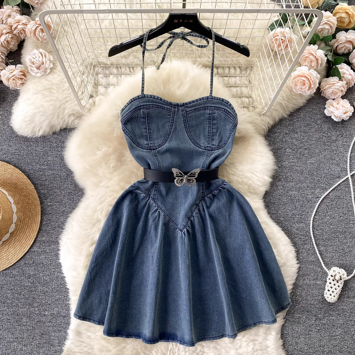 Women's summer strappy denim dress
