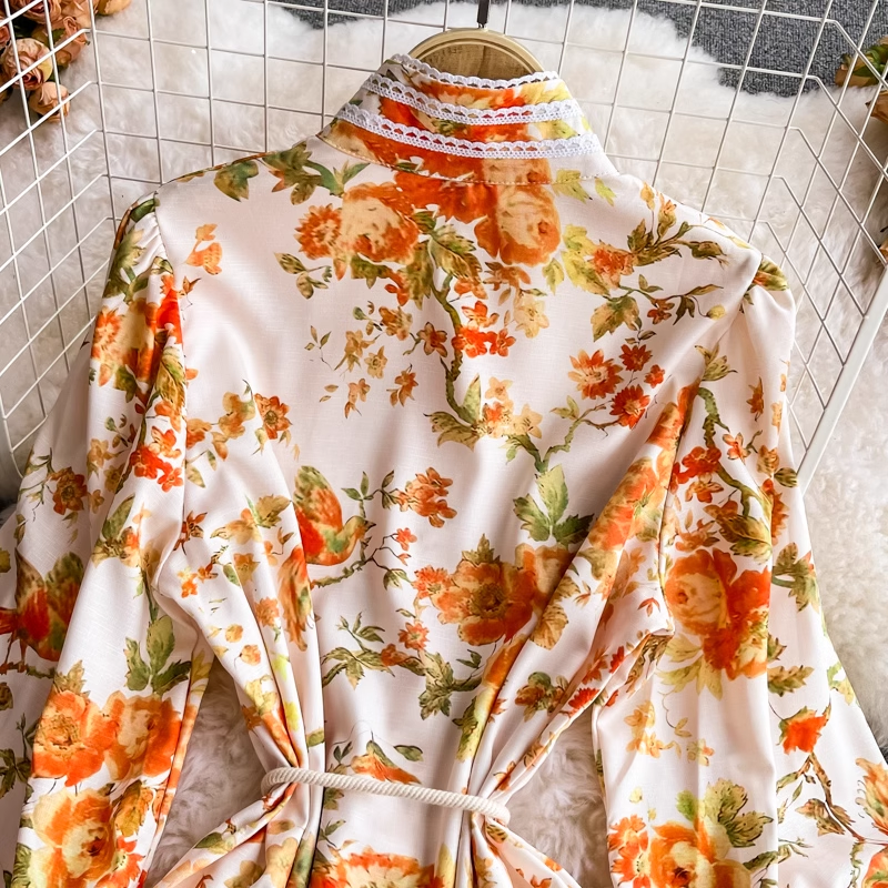 Retro court style lantern sleeve tassel belt waist print dress