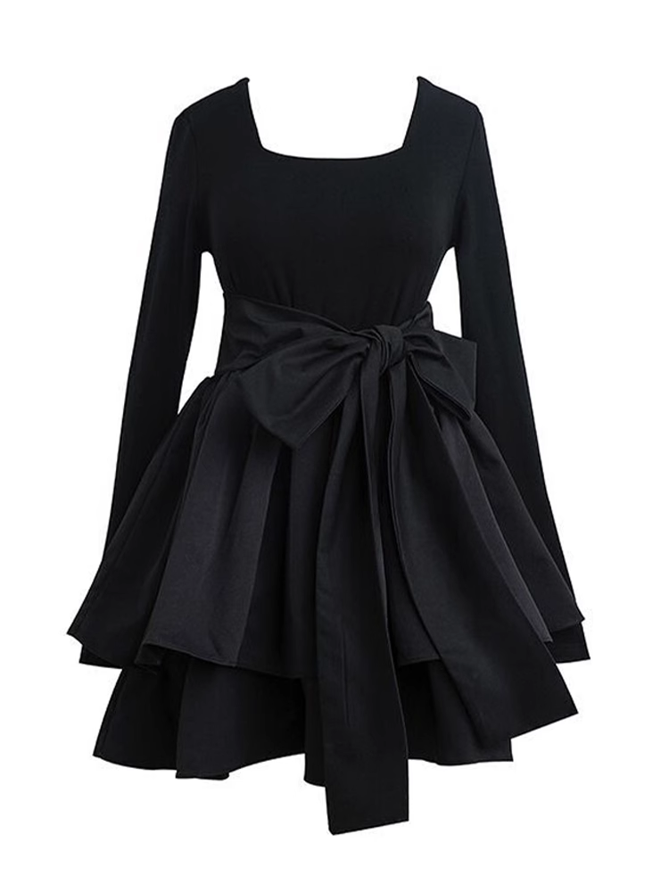 A-line Long Sleeves Black Dress