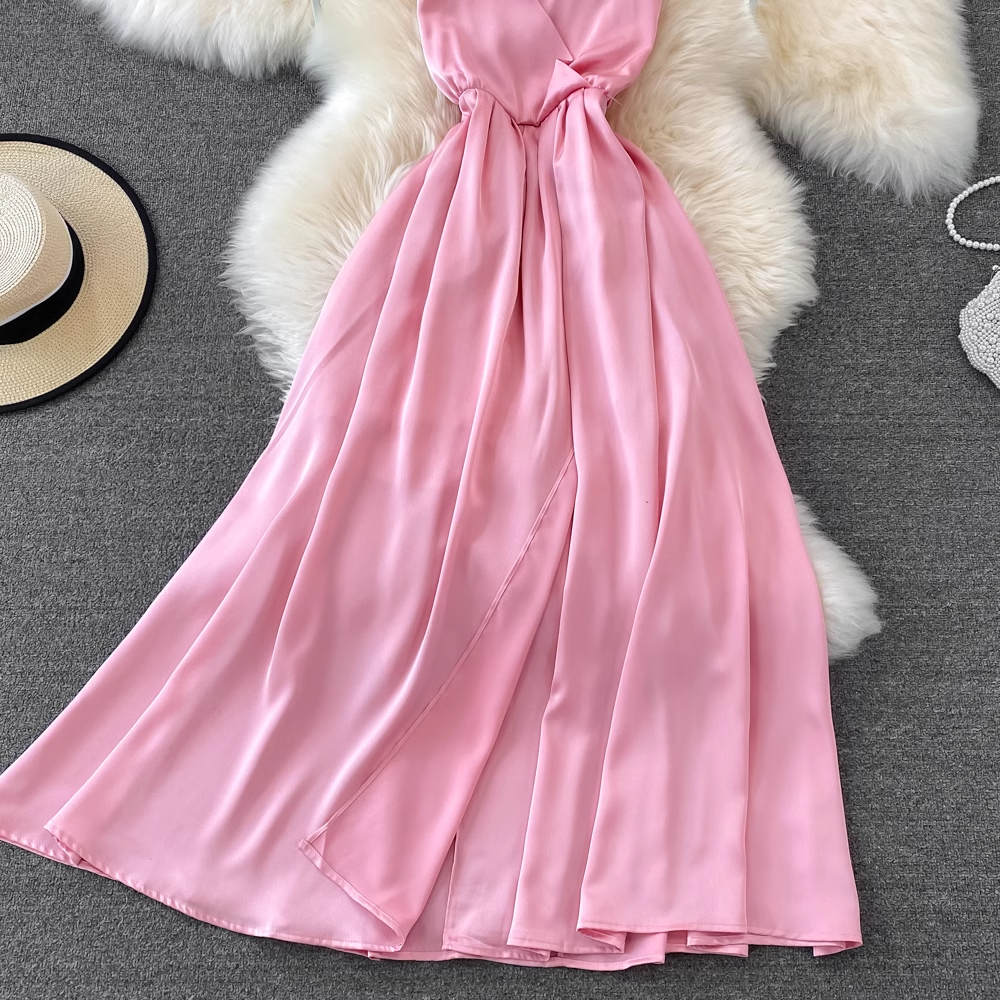 Pink V Neck Backless Summer Dress