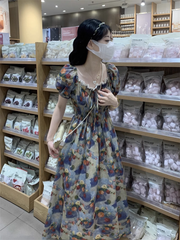Oil painting girl's floral long dress Women's summer