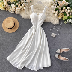 V-neck backless retro solid color summer dress casual