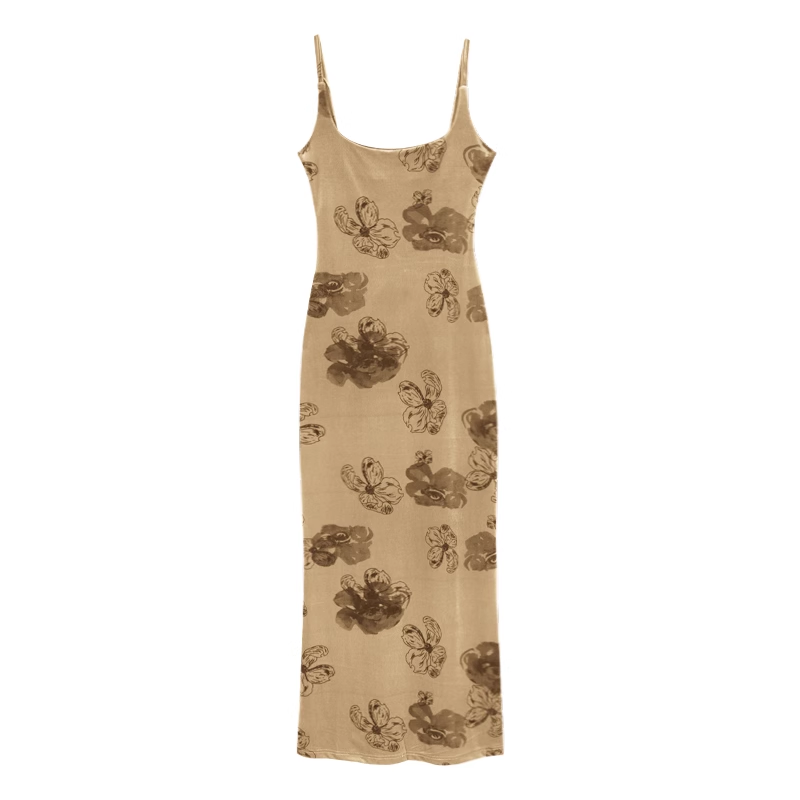 Retro velvet suspender dress summer French rose print dress
