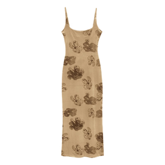 Retro velvet suspender dress summer French rose print dress