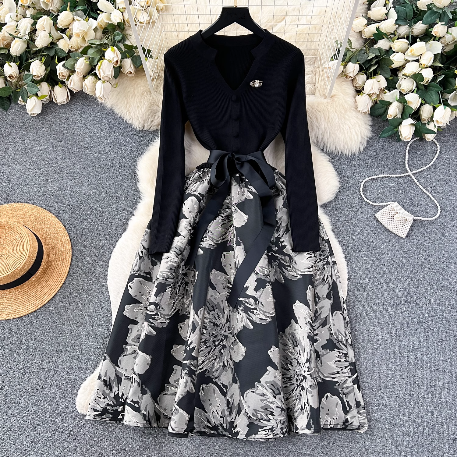 Autumn and winter knitted splicing jacquard puffy dress