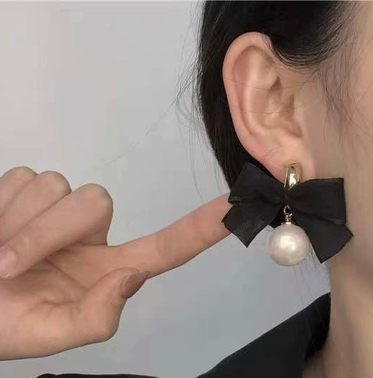 Handmade Black Silk Ribbon Bow Earrings