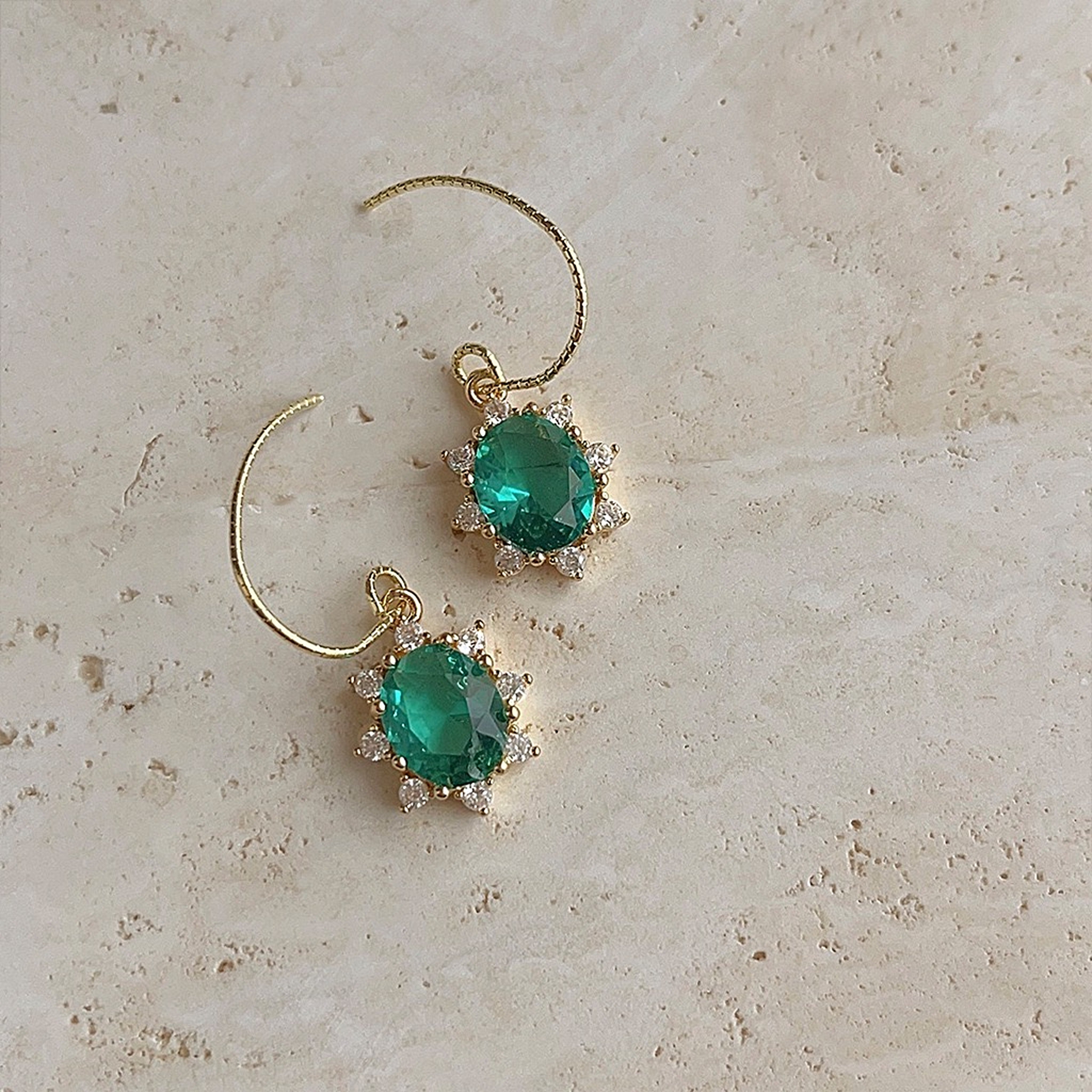 Aqua Blue Gemstone Gold Lace Oval Drop Earrings