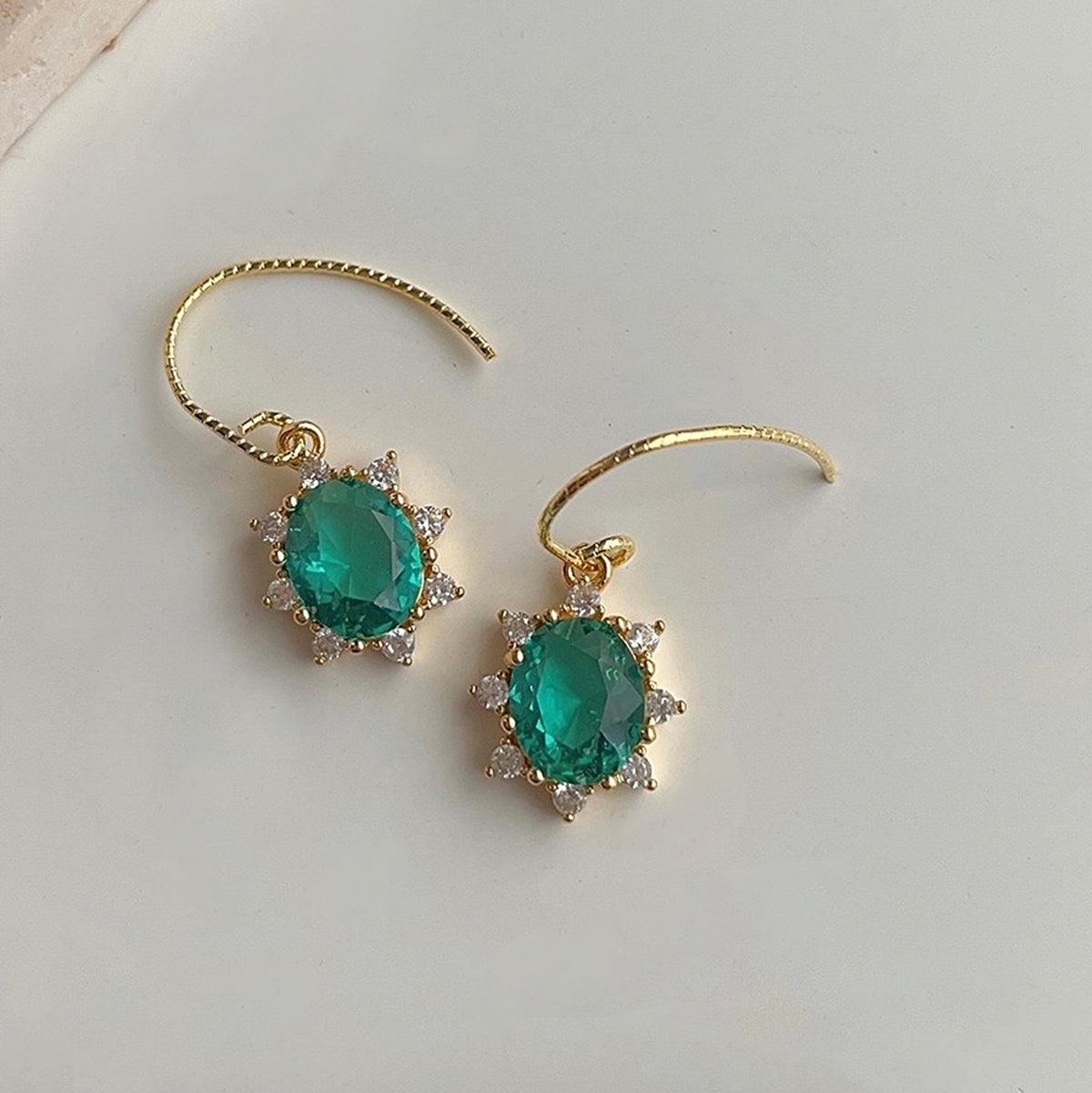 Aqua Blue Gemstone Gold Lace Oval Drop Earrings