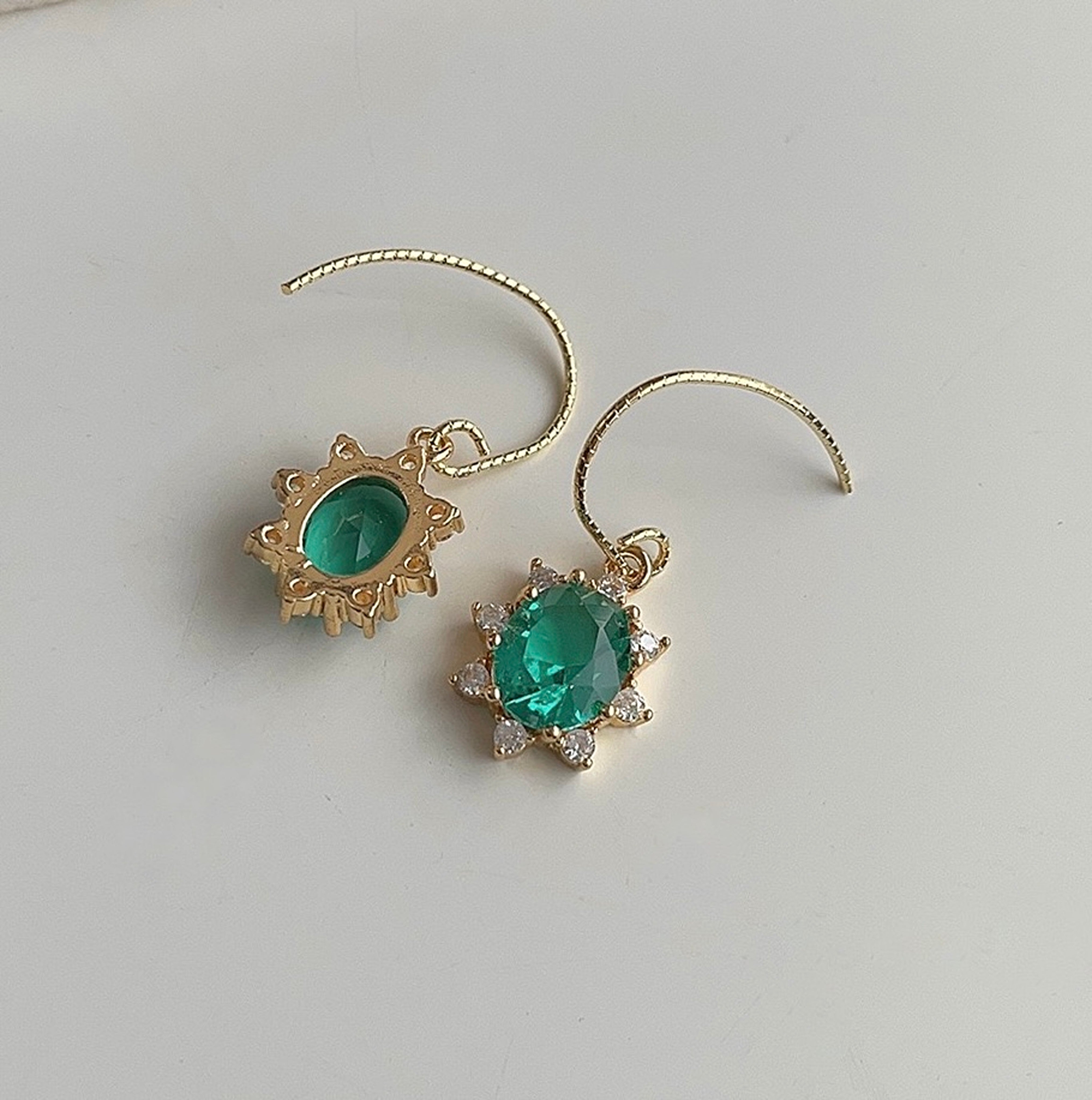 Aqua Blue Gemstone Gold Lace Oval Drop Earrings