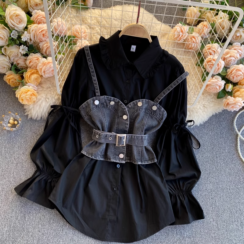 Retro Blouses Women's puff sleeve loose all-match denim camisole stacked two-piece suit