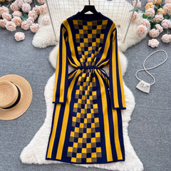 color-blocked checkerboard drawstring waist long-sleeved knitted dress