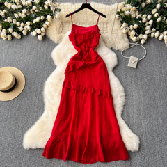 Red dress slit ruffled patchwork holiday skirt