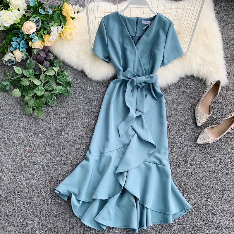 chic v neckline high low spring summer dress