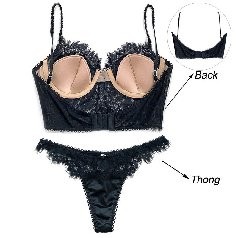 Ultra Thin Lace Push Up Eyelash Bra And Panty