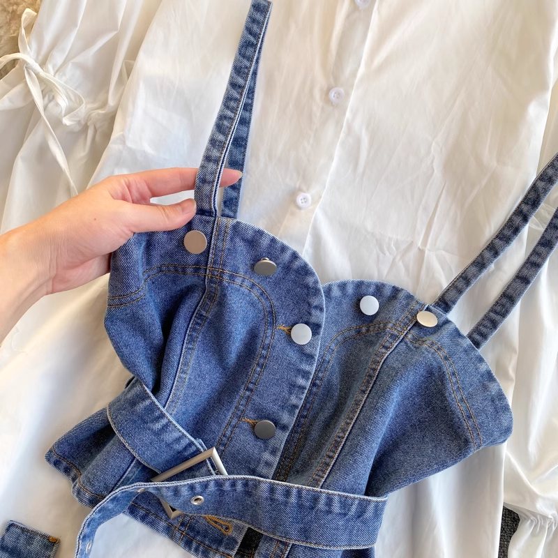 Retro Blouses Women's puff sleeve loose all-match denim camisole stacked two-piece suit