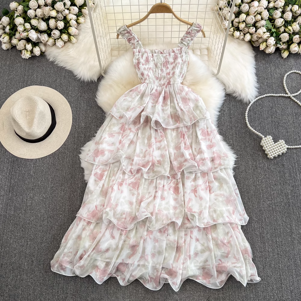 Beach holiday bow tie A-line floral chiffon dress