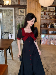 Sommerkleid für Damen mit eckigem Ausschnitt und Schleife, kurzärmelig