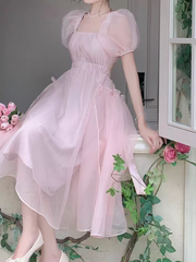 Pink backless dress summer puff sleeve long dress