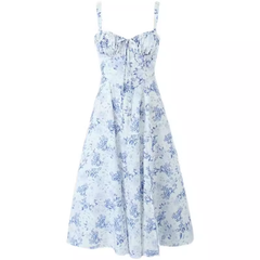 Blue and white porcelain print mid-length slip dress