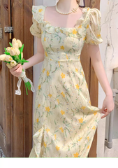 Beach vacation yellow floral puff sleeve dress summer