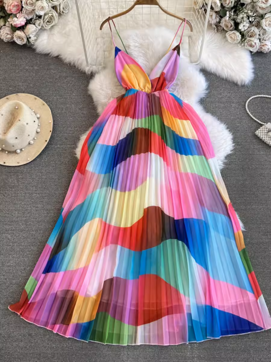 Colorful printed backless suspender Dress