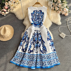 Round neck sleeveless a-line celadon print summer dress
