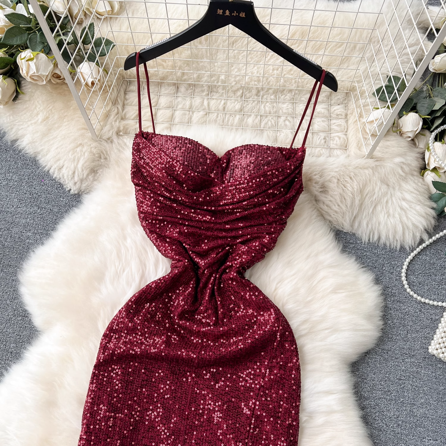 Burgundy Sequins Dress With Split