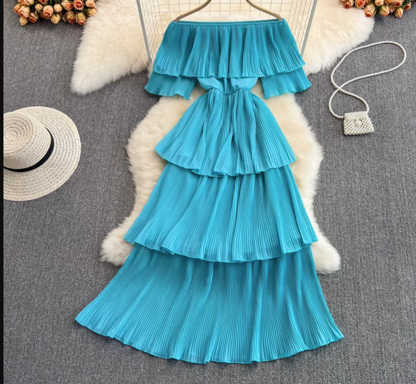 Off-the-shoulder strapless sweet ruffle maxi dress