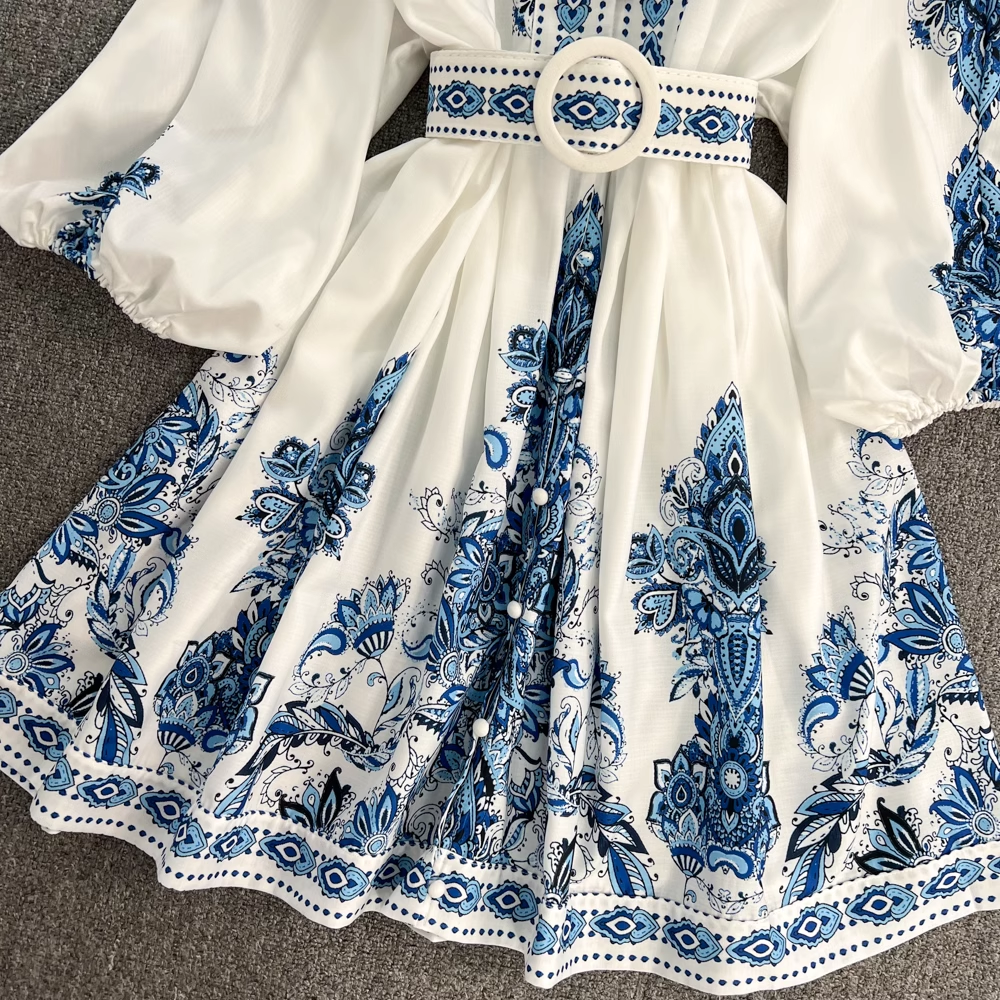 Printed Balloon Sleeve V-neck Dress