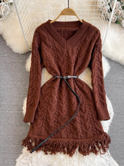 Long-sleeved V-neck waist slimming mid-length A-line fringed knitted sweater dress