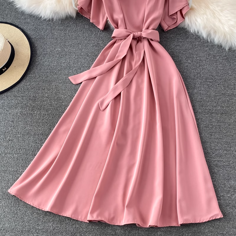 chic retro solid color ruffled mid-length square neck dress