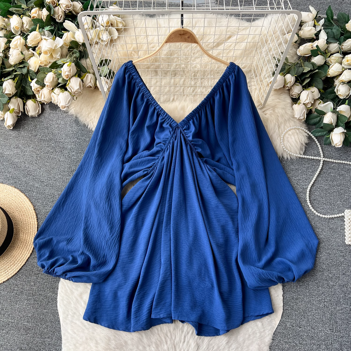 Deep V Neck Lantern Long Sleeve Dress Vacation Dress