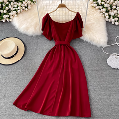 chic retro solid color ruffled mid-length square neck dress