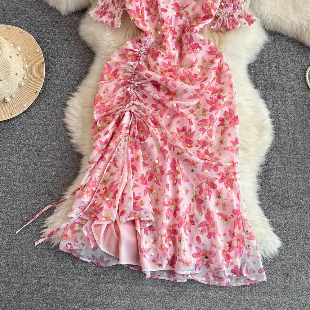 Retro V-neck drawstring print dress