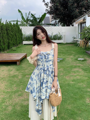 Oil painting floral suspender dress Women's summer stitching fake two piece skirt