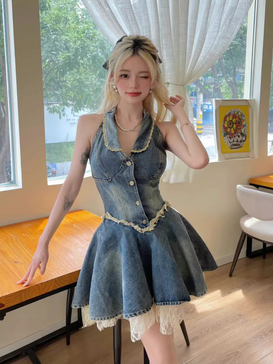 Retro halter dress Women's denim dress