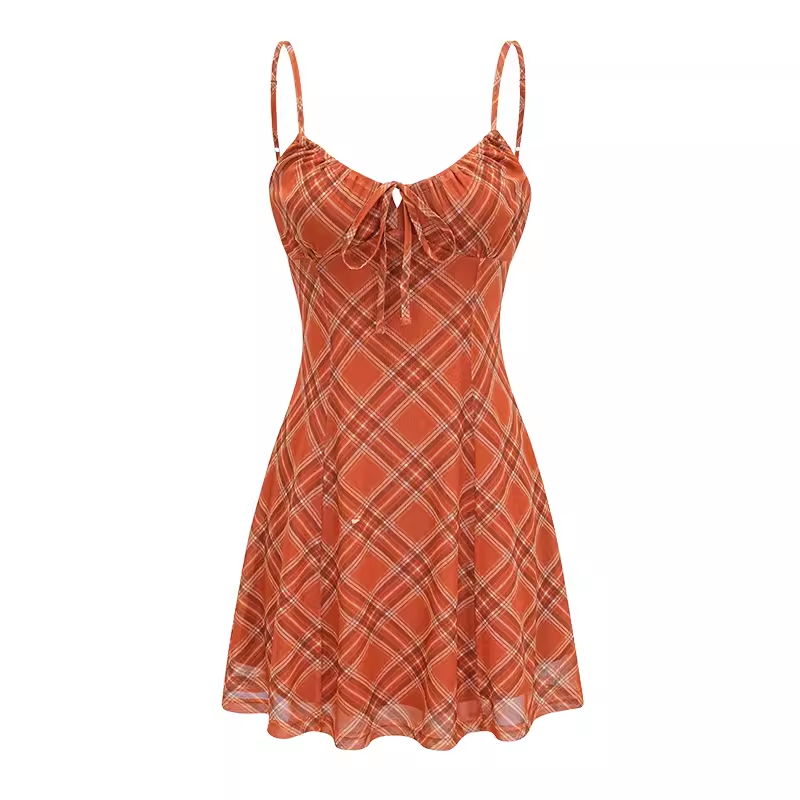 Women's summer orange plaid suspender dress