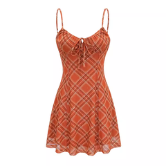 Women's summer orange plaid suspender dress