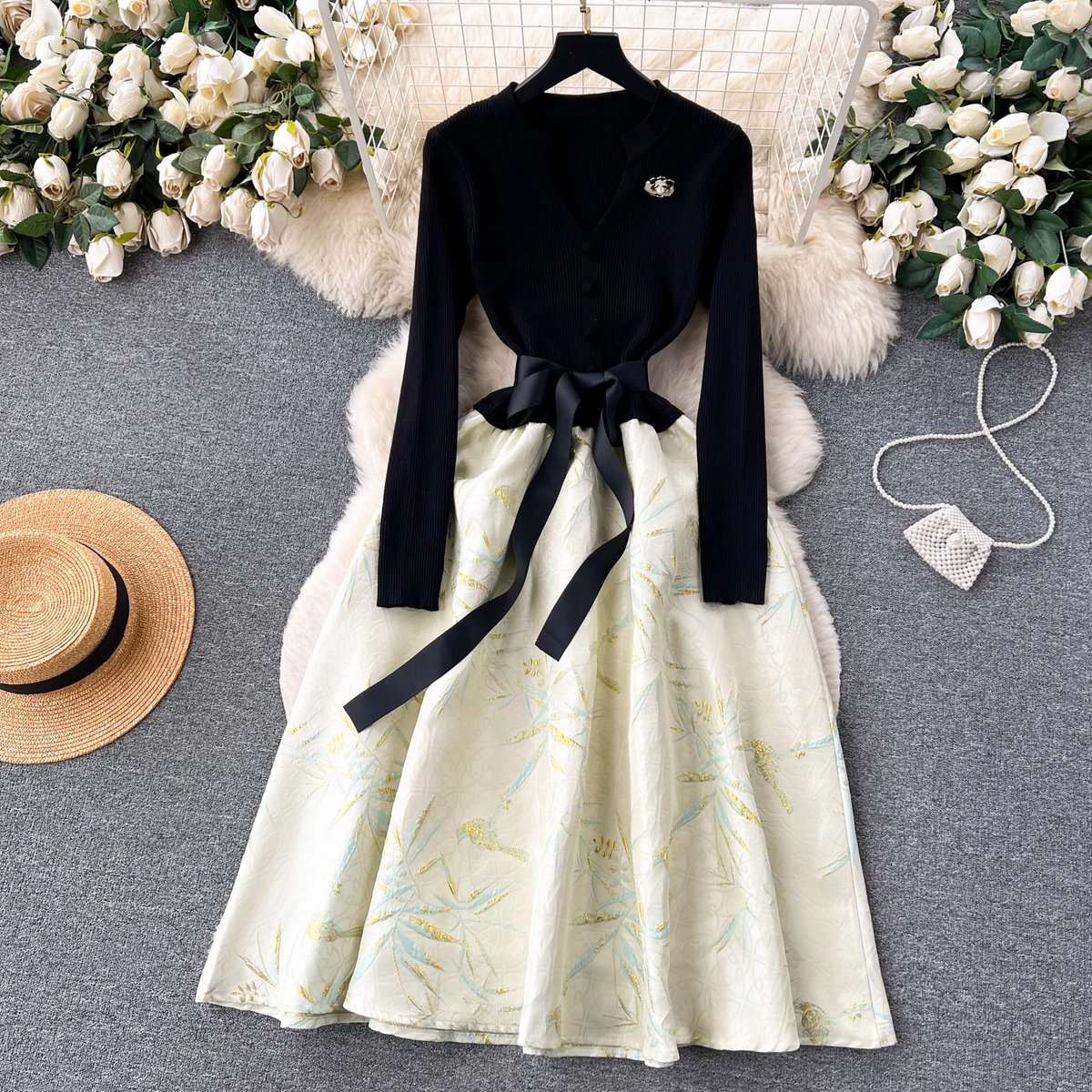 Autumn and winter knitted splicing jacquard puffy dress