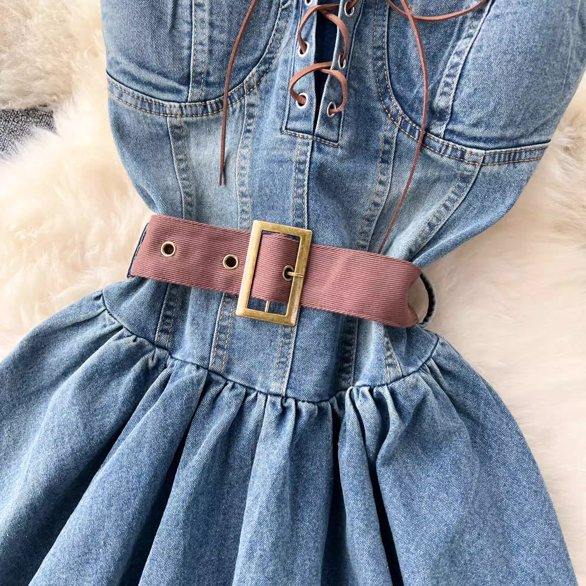 Retro Temperament Bandage Design Denim Dress