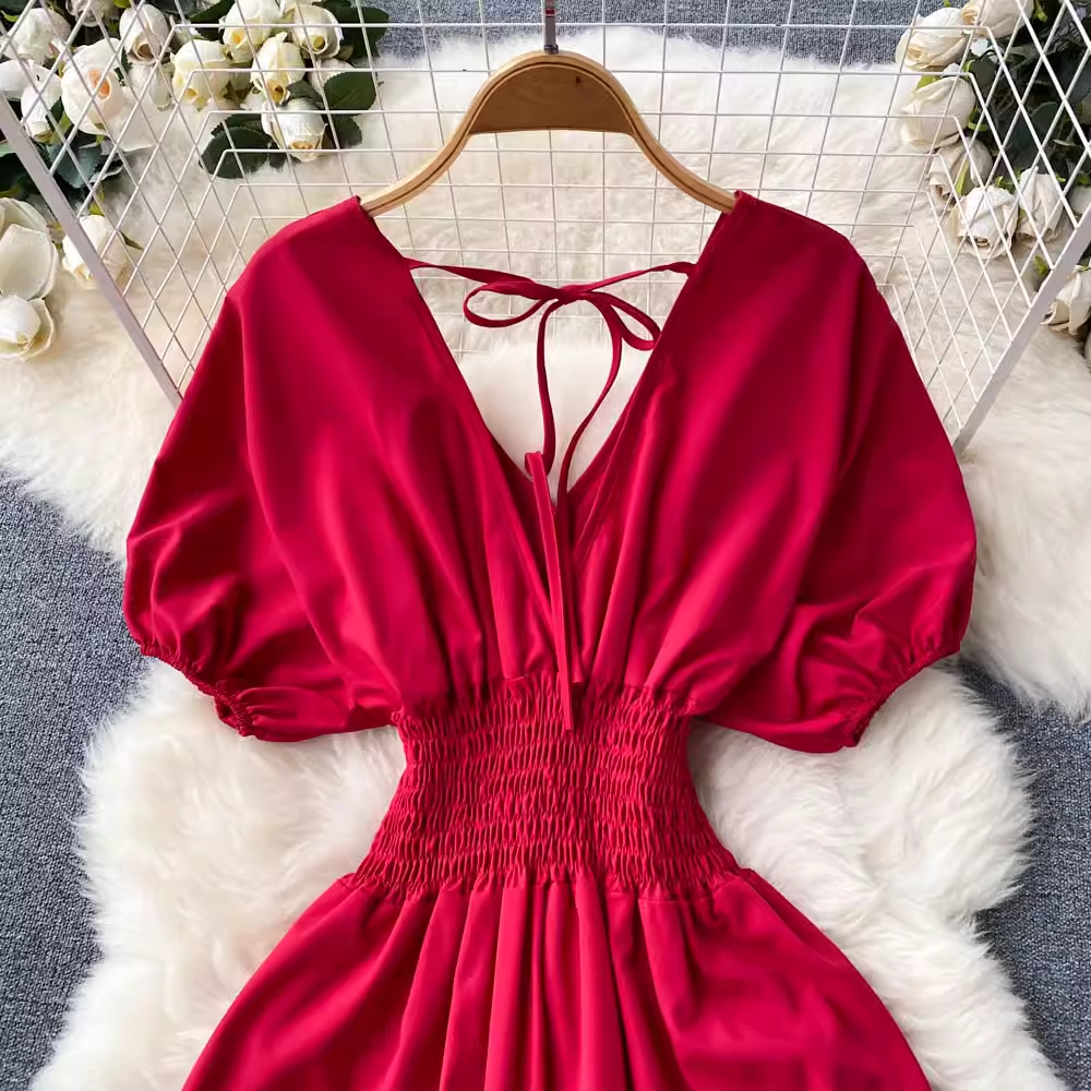 Pure color Puff Sleeves Maxi Dress