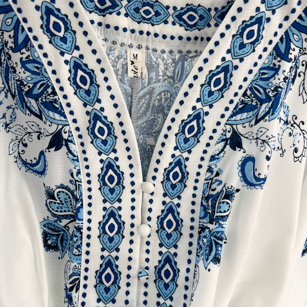 Printed Balloon Sleeve V-neck Dress