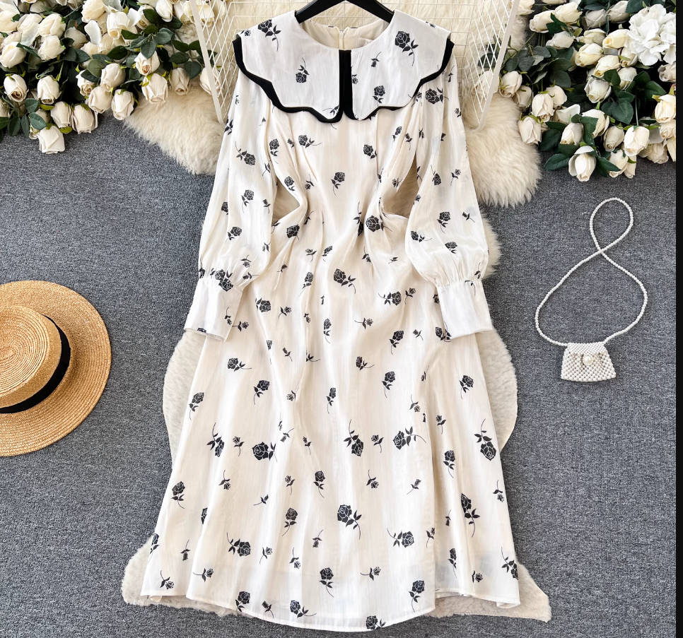 Baby doll collar floral chiffon dress