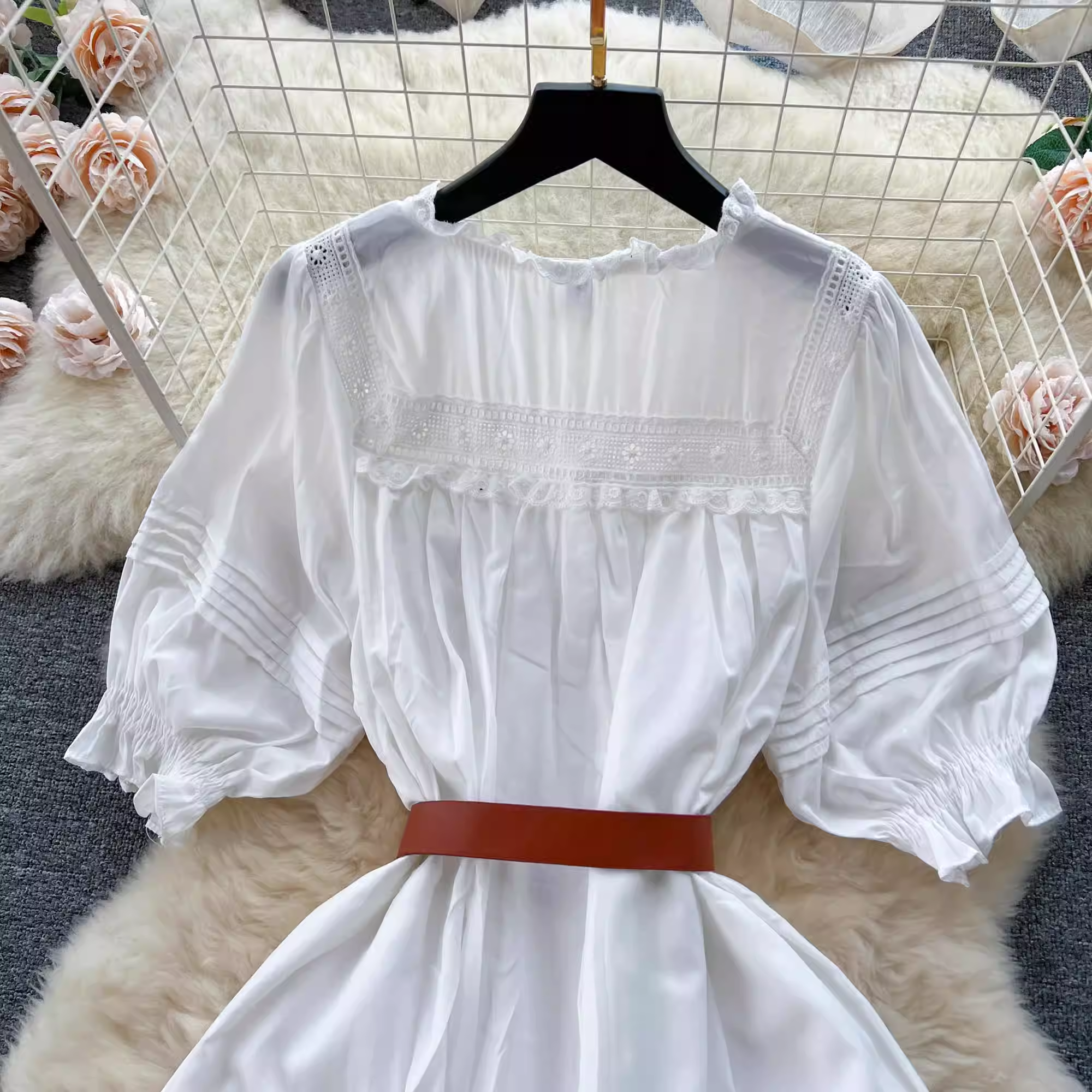 Puff sleeve hollow embroidery sweet summer dress